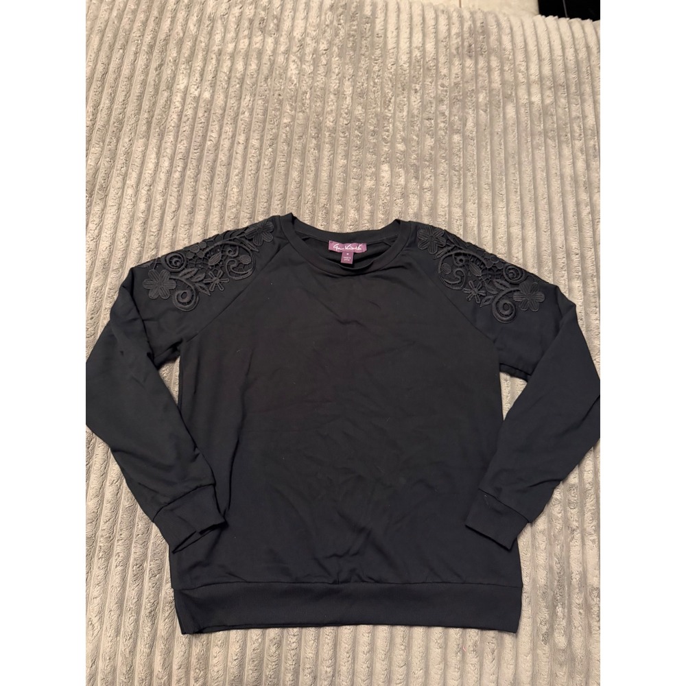 Gloria Vanderbilt Black Sweatshirt Floral Lace Crochet Shoulder Detail Medium